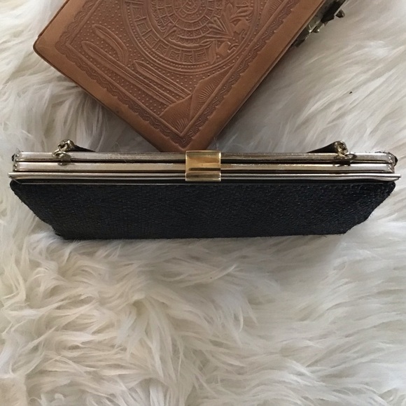 Vintage Andé evening bag/ clutch with gold trim and clasp, patent leather handle